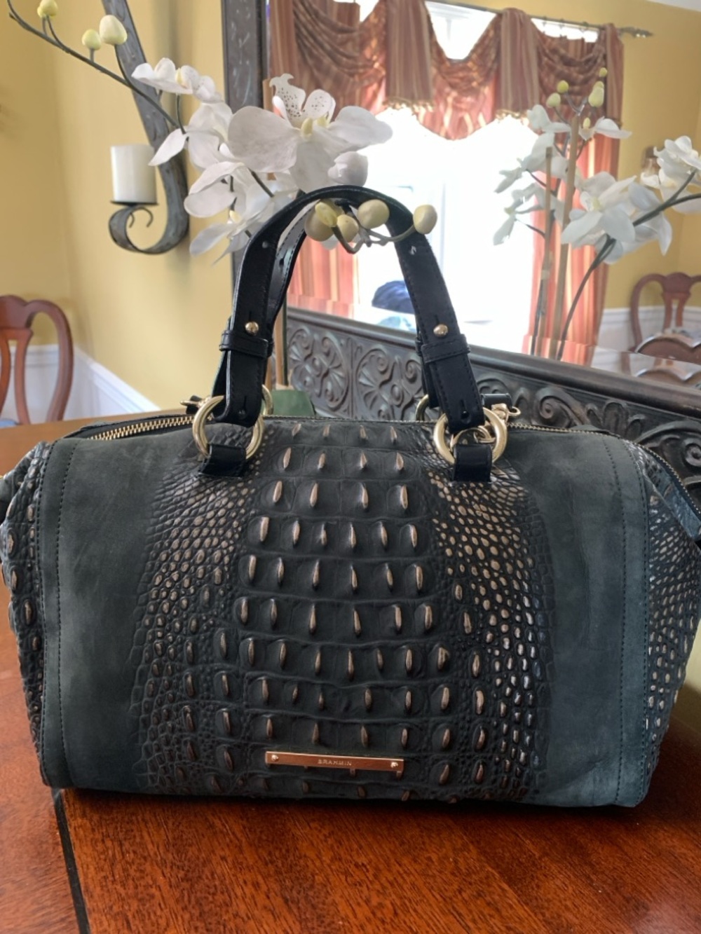 Brahmin Anywhere Convertible Melbourne Satchel Leather-Croc-Embossed Teal/Grey